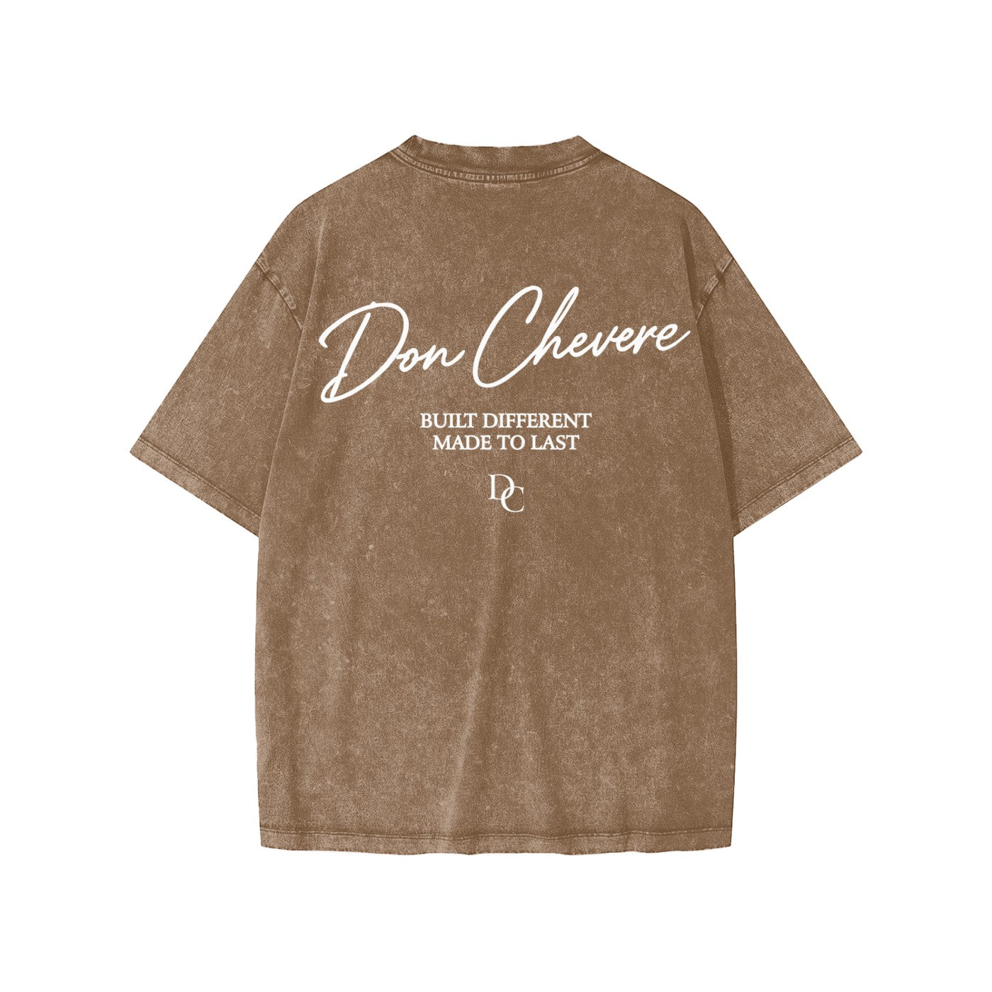 Don Chevere snow washed kids' tee in brown 100% cotton with white text graphic on back.