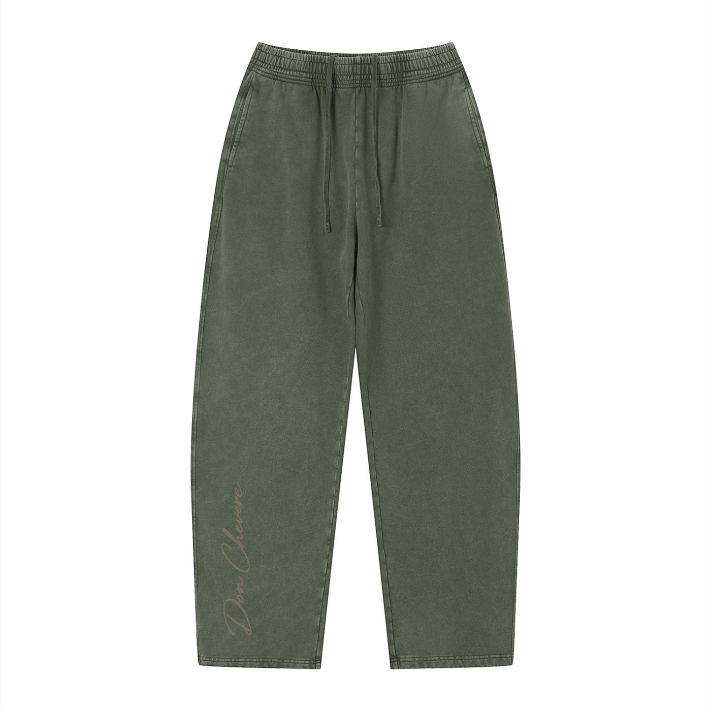 Don Chevere vintage wash loose sweatpants in olive green, 100% cotton with elastic drawstring waist and side pockets.