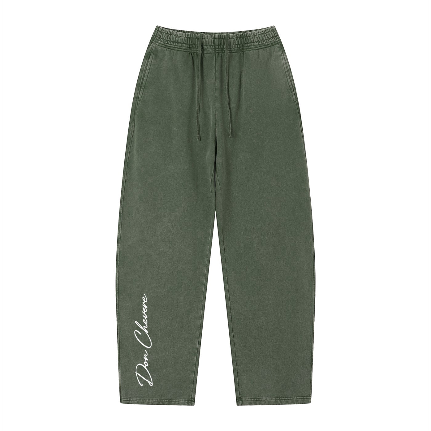 Don Chevere vintage wash loose sweatpants in olive green, 100% cotton with elastic drawstring waist and side pockets.