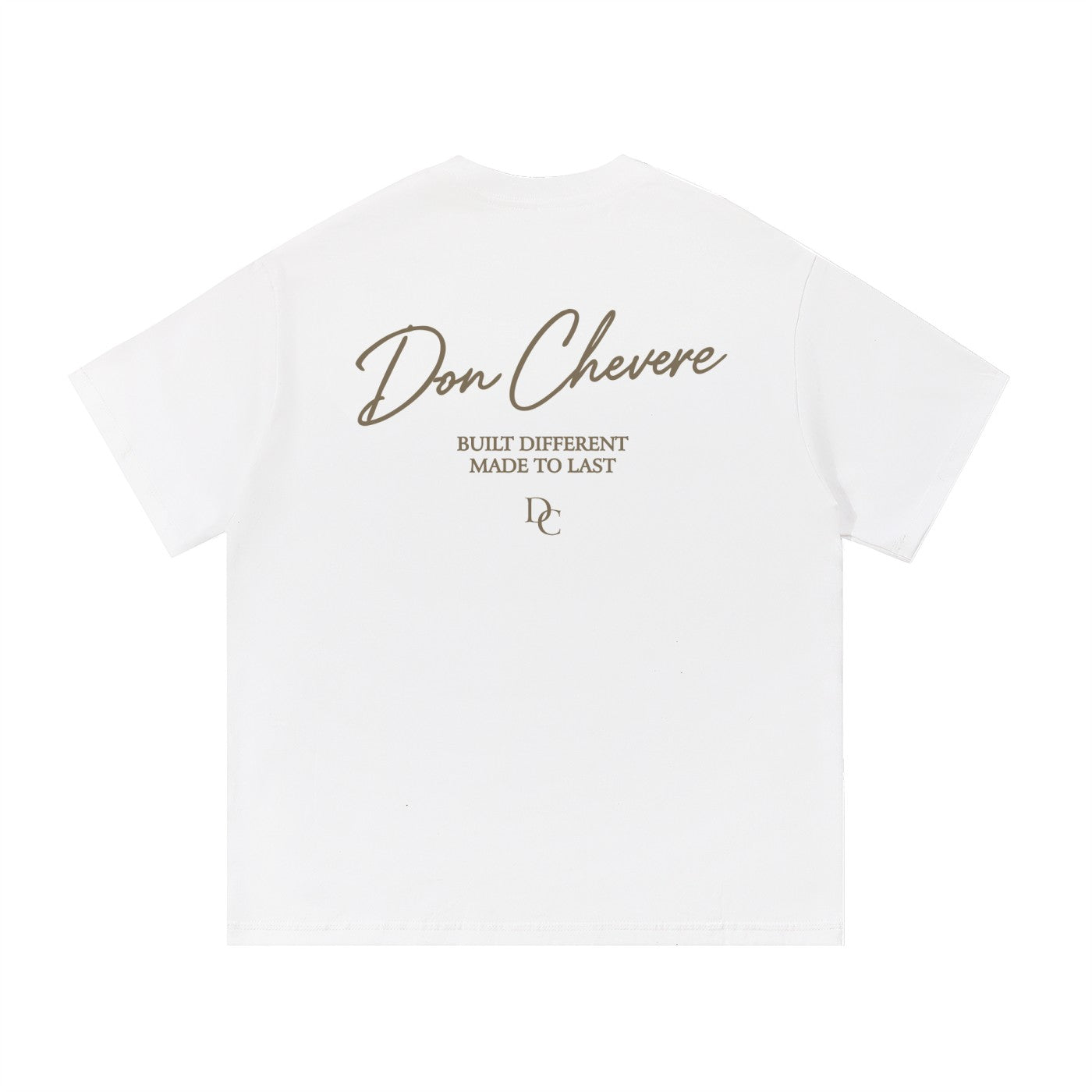 Don Chevere white 100% cotton t-shirt with gold text graphic on back. Short sleeves, crew neck.