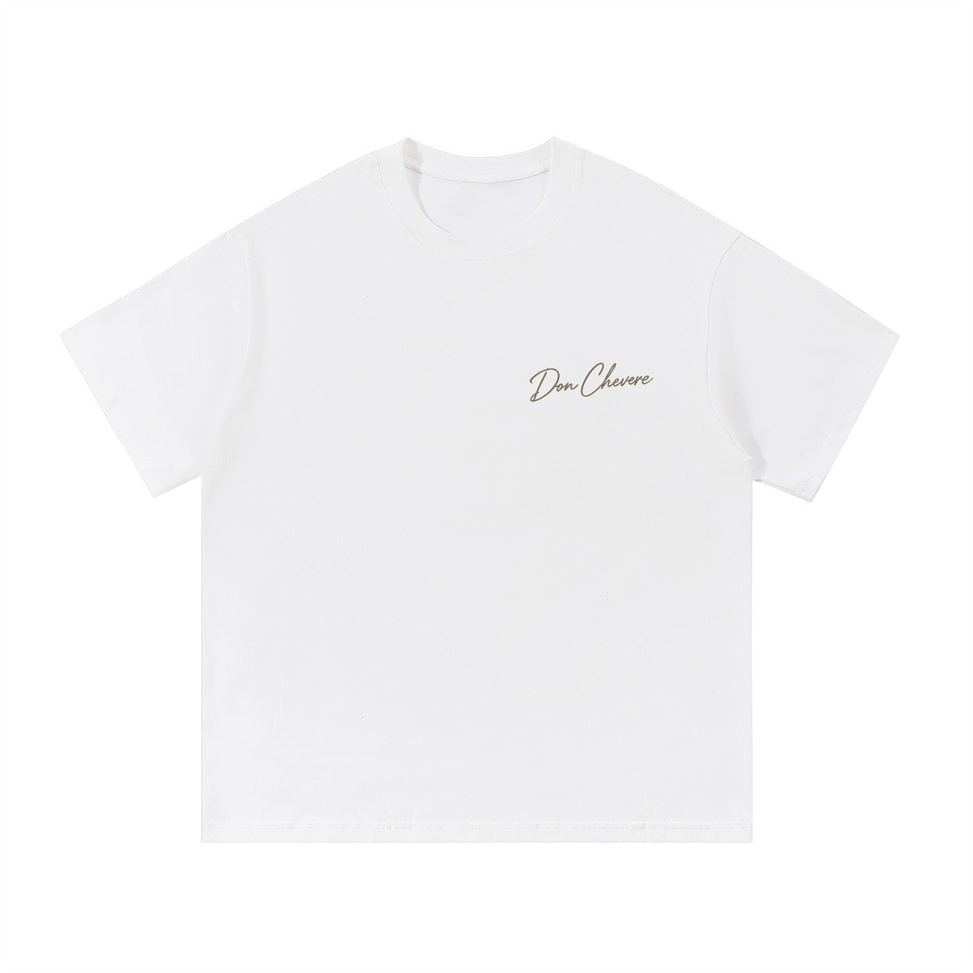 Don Chevere white 100% cotton short sleeve crew neck t-shirt with gold logo on chest.