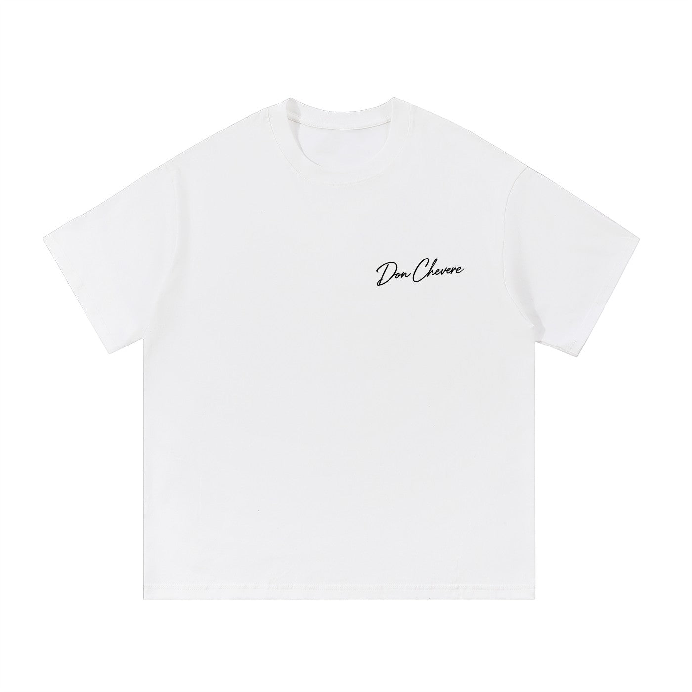 Don Chevere white 100% cotton short sleeve unisex t-shirt with round neck and printed logo on chest.