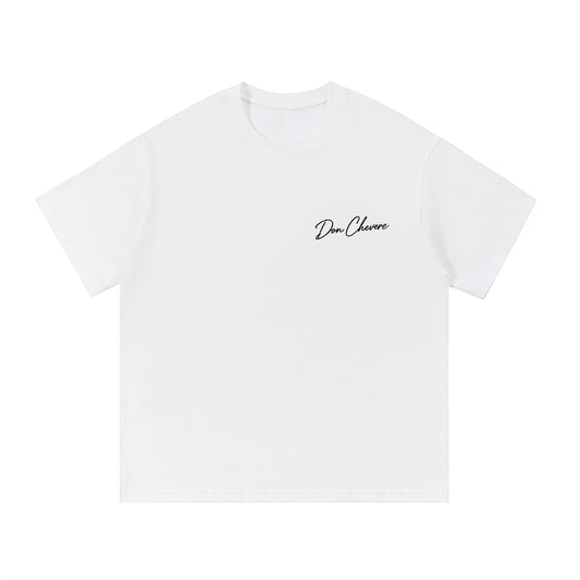 Don Chevere white 100% cotton short sleeve unisex t-shirt with round neck and printed logo on chest.