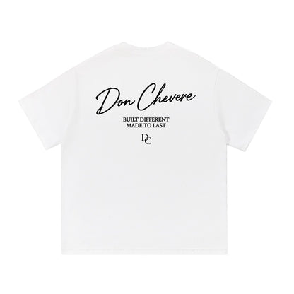 Don Chevere white 100% cotton unisex short sleeve t-shirt with black text graphic on back