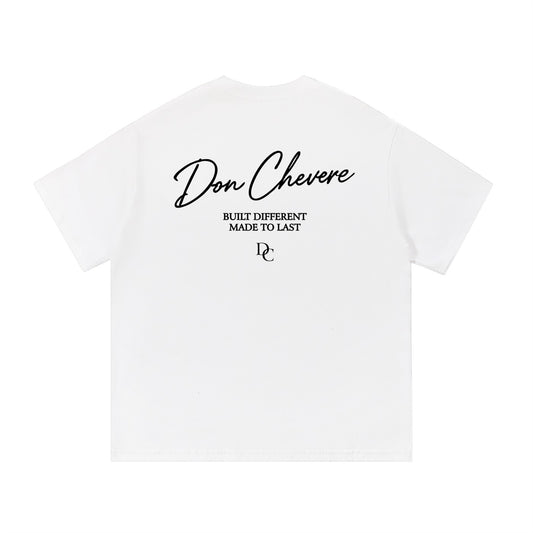Don Chevere white 100% cotton unisex short sleeve t-shirt with black text graphic on back